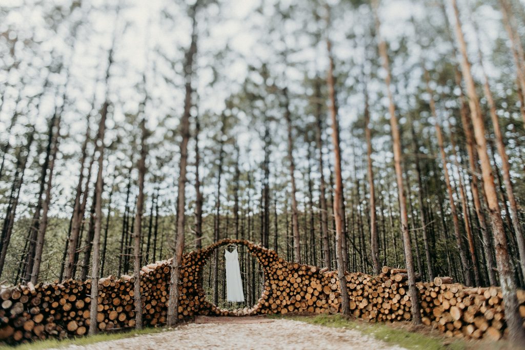 Menyasszony vintage stílusú ruhában Társapagony erdőjében, érzelmes és hangulatos esküvői fotózás